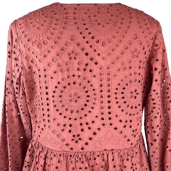 Express Blouse Womens Small Long Sleeve Ruffle V Neck Peplum Eyelet Top Pink - Picture 6 of 13